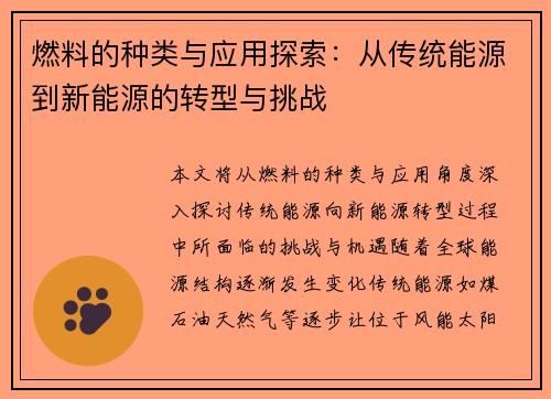 燃料的种类与应用探索：从传统能源到新能源的转型与挑战